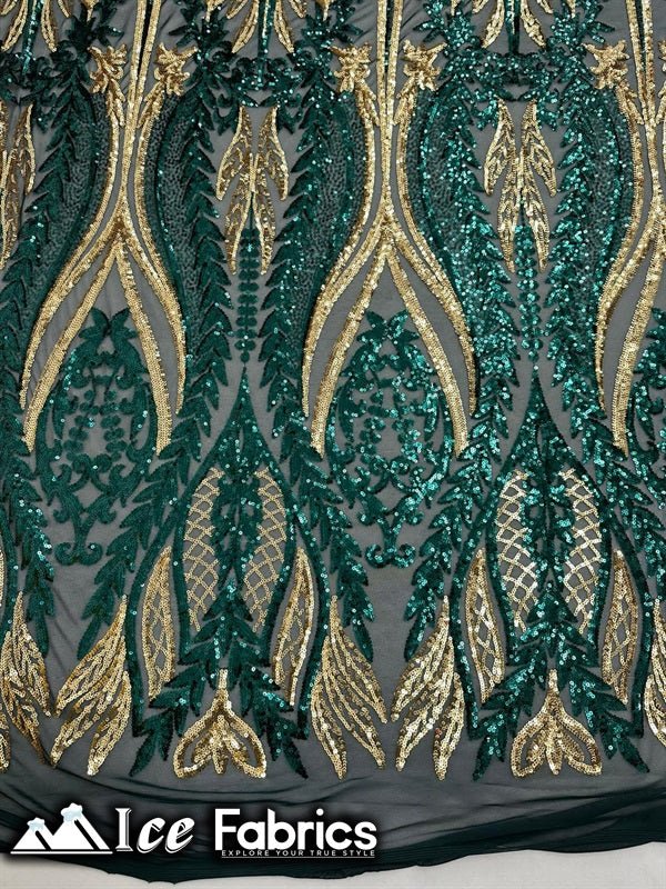 Lucy Damask Sequin Fabric on Spandex Mesh Green Gold