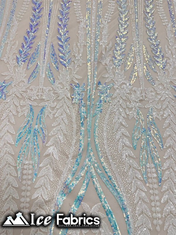 Lucy Damask Sequin Fabric on Spandex Mesh Baby Blue