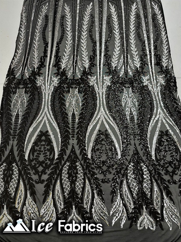 Lucy Damask Sequin Fabric on Spandex MeshICE FABRICSICE FABRICSBy The Yard (58" Wide)Silver BlackLucy Damask Sequin Fabric on Spandex Mesh ICE FABRICS Silver Black
