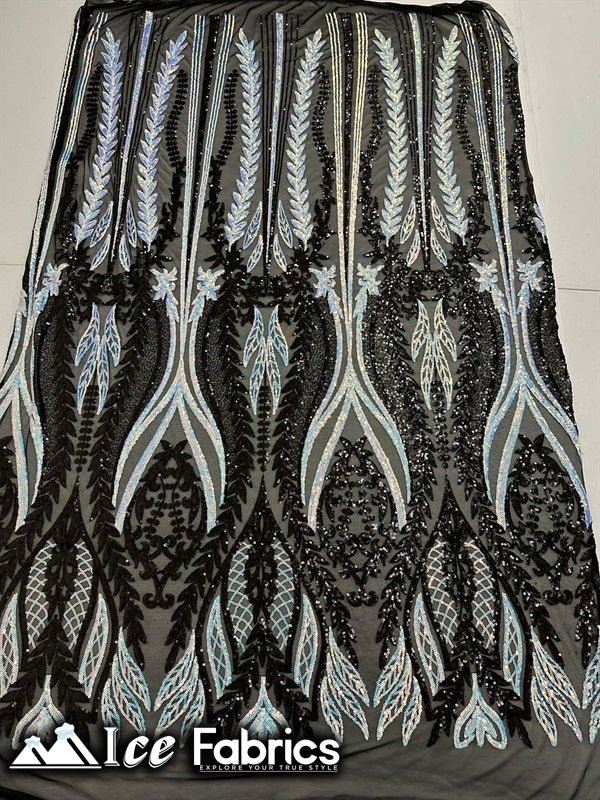 Lucy Damask Sequin Fabric on Spandex Mesh Silver Black