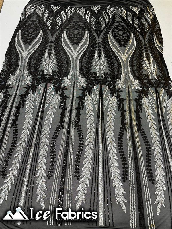 Lucy Damask Sequin Fabric on Spandex MeshICE FABRICSICE FABRICSBy The Yard (58" Wide)Silver BlackLucy Damask Sequin Fabric on Spandex Mesh ICE FABRICS Silver Black