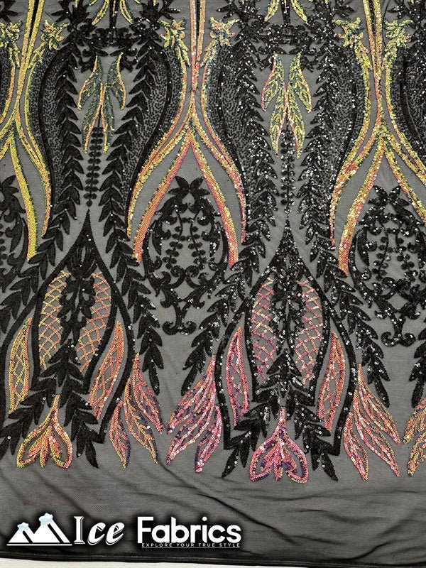 Lucy Damask Sequin Fabric on Spandex Mesh Orange