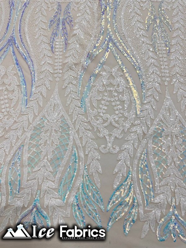 Lucy Damask Sequin Fabric on Spandex Mesh Baby Blue