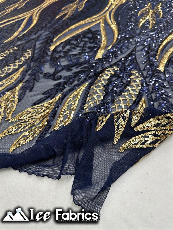 Lucy Damask Sequin Fabric on Spandex Mesh Green Gold Navy Gold