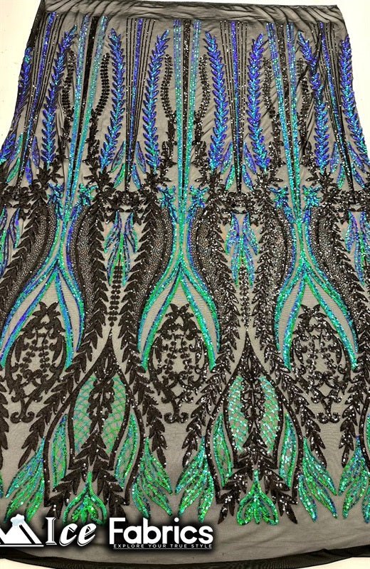 Lucy Damask Sequin Fabric on Spandex Mesh Green Black