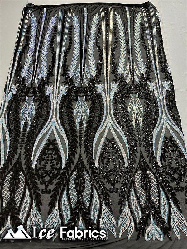 Lucy Damask Sequin Fabric on Spandex Mesh Black White