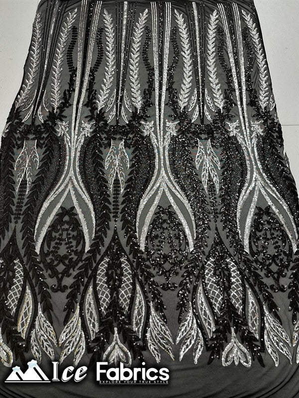 Lucy Damask Sequin Fabric on Spandex Mesh Silver Black