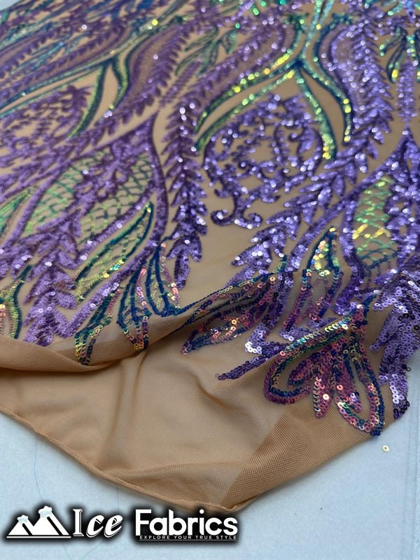 Lucy Damask Sequin Fabric on Spandex Mesh Lavender