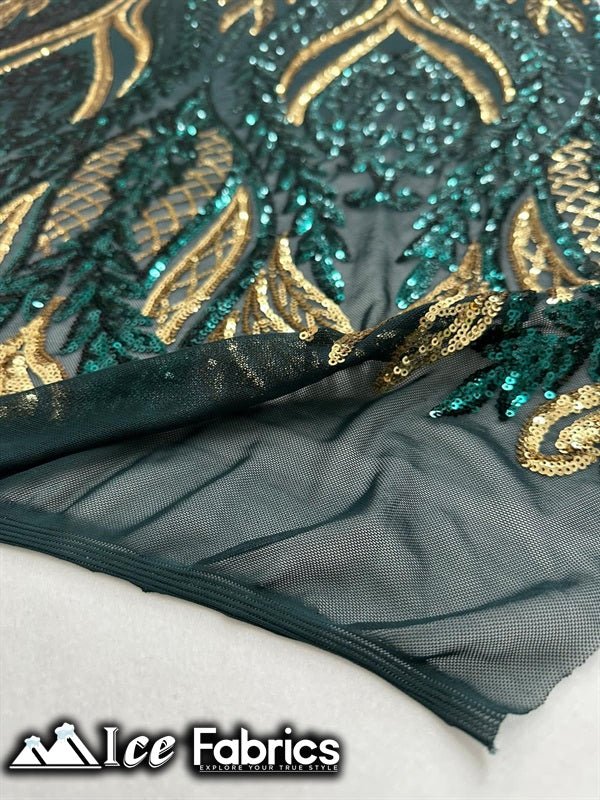 Lucy Damask Sequin Fabric on Spandex Mesh Green Gold