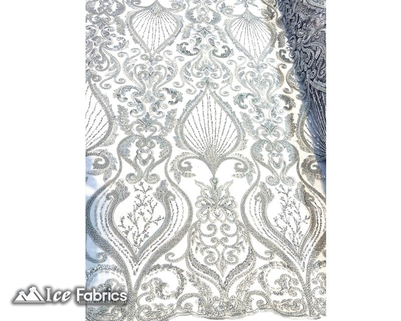 Luxurious Beaded Fabric By The Yard | Handmade EmbroideryICE FABRICSICE FABRICSLuxurious SilverSilverBy The Yard (54" Inch Wide)Silver