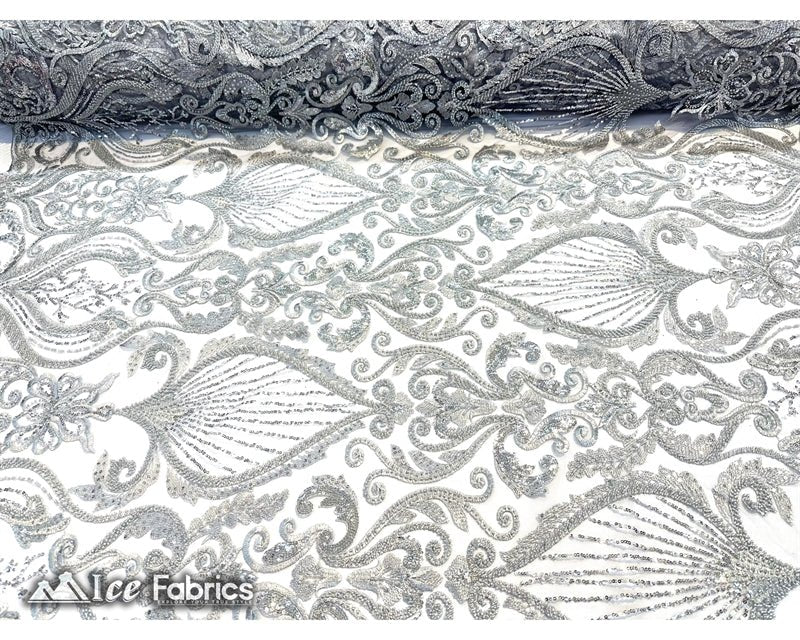 Luxurious Beaded Fabric By The Yard | Handmade EmbroideryICE FABRICSICE FABRICSLuxurious SilverSilverBy The Yard (54" Inch Wide)Silver