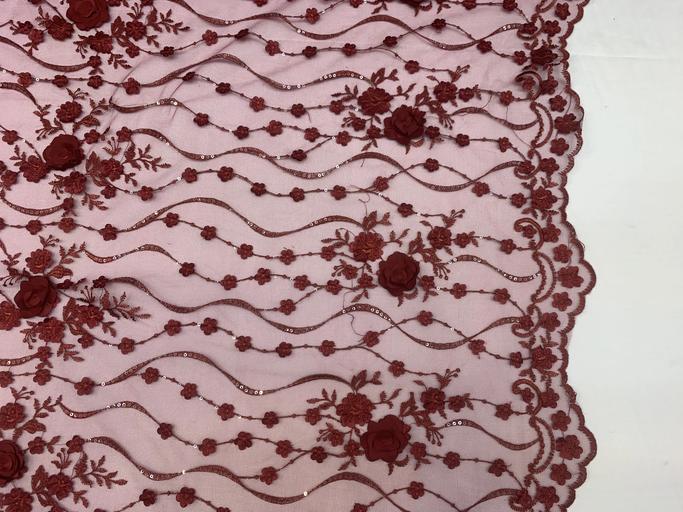 Luxury Design Embroidered Fashion Modern 3D Flowers Handmade Mesh Lace Fabric By The YardICEFABRICICE FABRICSBurgundyLuxury Design Embroidered Fashion Modern 3D Flowers Handmade Mesh Lace Fabric By The Yard ICEFABRIC Burgundy