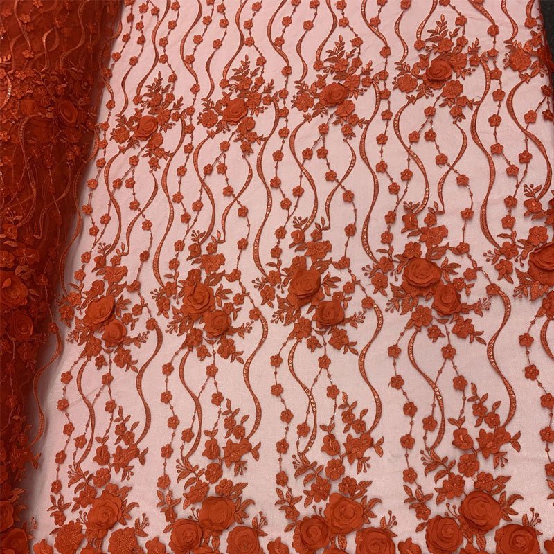 Luxury Design Embroidered Fashion Modern 3D Flowers Handmade Mesh Lace Fabric By The YardICEFABRICICE FABRICSRedLuxury Design Embroidered Fashion Modern 3D Flowers Handmade Mesh Lace Fabric By The Yard ICEFABRIC Red