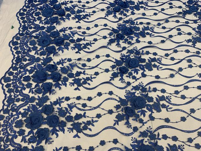 Luxury Design Embroidered Fashion Modern 3D Flowers Handmade Mesh Lace Fabric By The YardICEFABRICICE FABRICSRoyal BlueLuxury Design Embroidered Fashion Modern 3D Flowers Handmade Mesh Lace Fabric By The Yard ICEFABRIC Royal Blue