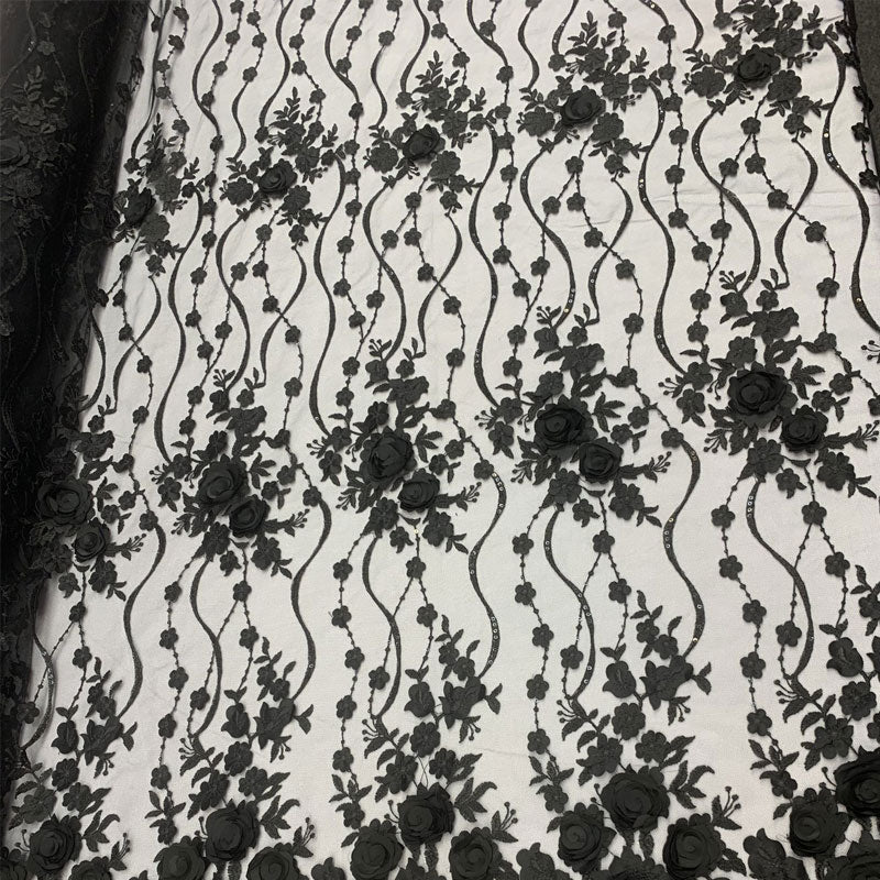 Luxury Design Embroidered Fashion Modern 3D Flowers Handmade Mesh Lace Fabric By The YardICEFABRICICE FABRICSBlackLuxury Design Embroidered Fashion Modern 3D Flowers Handmade Mesh Lace Fabric By The Yard ICEFABRIC Black