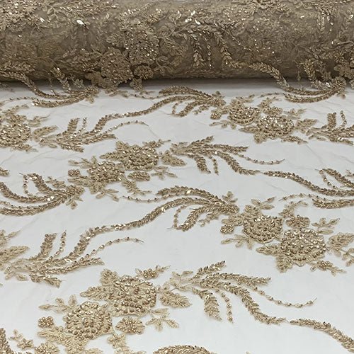 Luxury Embroidered Mini Champagne Flowers Beaded Mesh Lace Floral Fabric By The YardICEFABRICICE FABRICSLuxury Embroidered Mini Champagne Flowers Beaded Mesh Lace Floral Fabric By The Yard ICEFABRIC