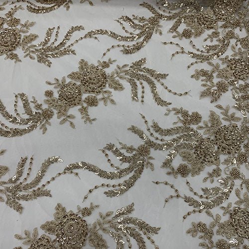 Luxury Embroidered Mini Champagne Flowers Beaded Mesh Lace Floral Fabric By The YardICEFABRICICE FABRICSLuxury Embroidered Mini Champagne Flowers Beaded Mesh Lace Floral Fabric By The Yard ICEFABRIC