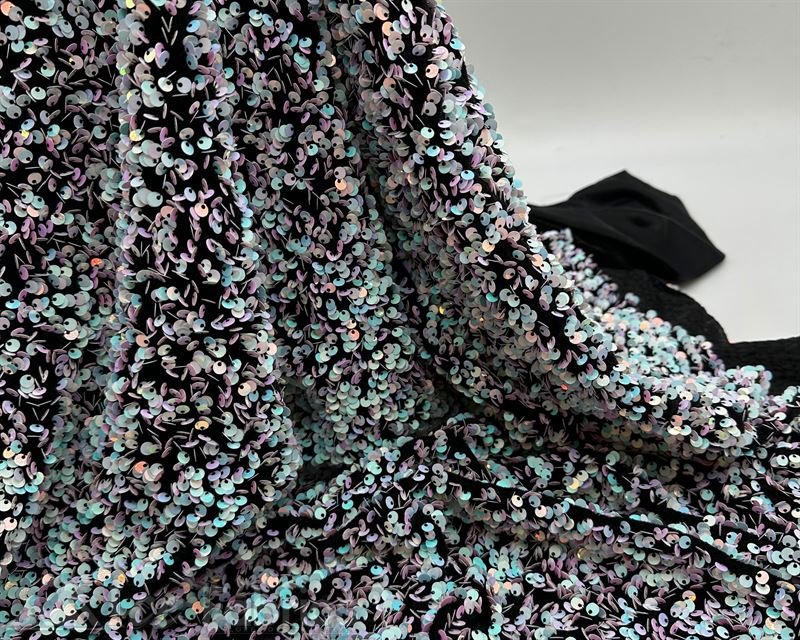 Luxury Stretch Velvet Sequin Fabric All Over Full SequinICE FABRICSICE FABRICSIridescent White Blue on Black VelvetBy The Yard (60 inches Wide)Luxury Stretch Velvet Sequin Fabric all Over Full Sequin ICE FABRICS