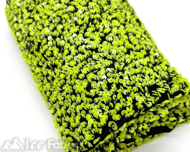 Luxury Stretch Velvet Sequin Fabric All Over Full SequinICE FABRICSICE FABRICSNeon Yellow on Black VelvetBy The Yard (60 inches Wide)Luxury Stretch Velvet Sequin Fabric all Over Full Sequin ICE FABRICS