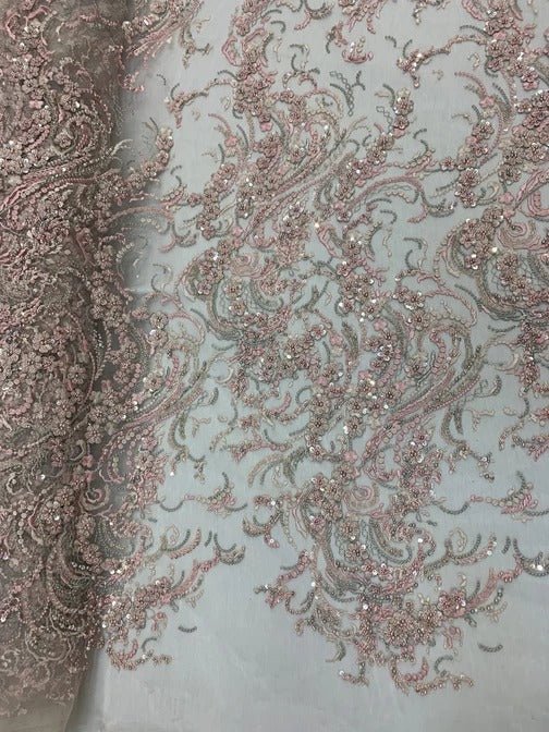 MINI Flowers/Floral Embroidered Beaded Mesh Fabric For Bridal Gowns, Prom & Wedding DressesICEFABRICICE FABRICSPINKMINI Flowers/Floral Embroidered Beaded Mesh Fabric For Bridal Gowns, Prom & Wedding Dresses ICEFABRIC