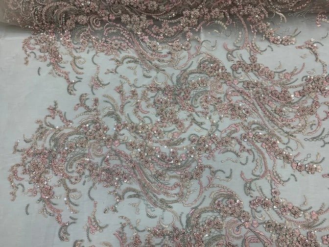 MINI Flowers/Floral Embroidered Beaded Mesh Fabric For Bridal Gowns, Prom & Wedding DressesICEFABRICICE FABRICSPINKMINI Flowers/Floral Embroidered Beaded Mesh Fabric For Bridal Gowns, Prom & Wedding Dresses ICEFABRIC