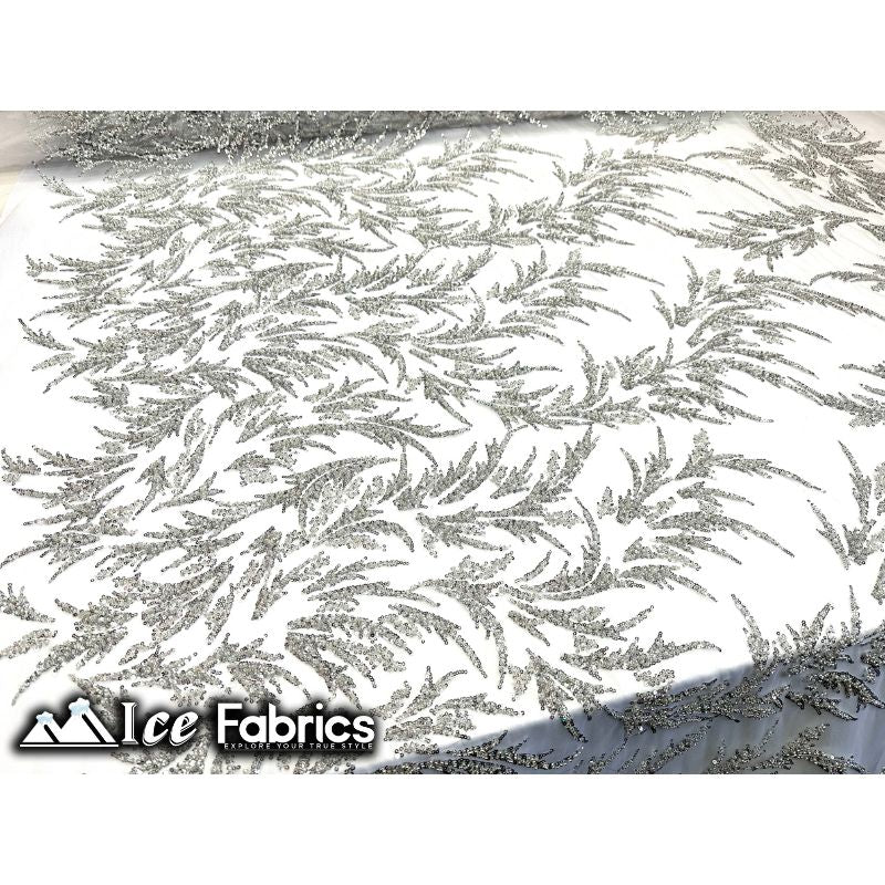 Modern Floral Embroidery Beaded Lace Fabric with SequinICE FABRICSICE FABRICSBy the Yard (56" Wide)SilverModern Floral Embroidery Beaded Lace Fabric with Sequin ICE FABRICS