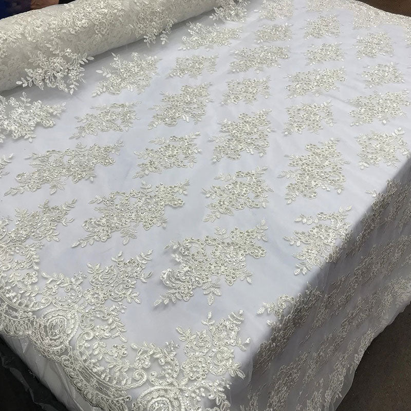Modern Flower Design Metallic Embroidered Cord Prom With Sequins Mesh Lace FabricICE FABRICSICE FABRICSOff WhiteModern Flower Design Metallic Embroidered Cord Prom With Sequins Mesh Lace Fabric ICE FABRICS