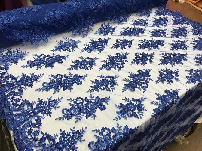 Modern Flower Design Metallic Embroidered Cord Prom With Sequins Mesh Lace FabricICE FABRICSICE FABRICSRoyal BlueModern Flower Design Metallic Embroidered Cord Prom With Sequins Mesh Lace Fabric ICE FABRICS