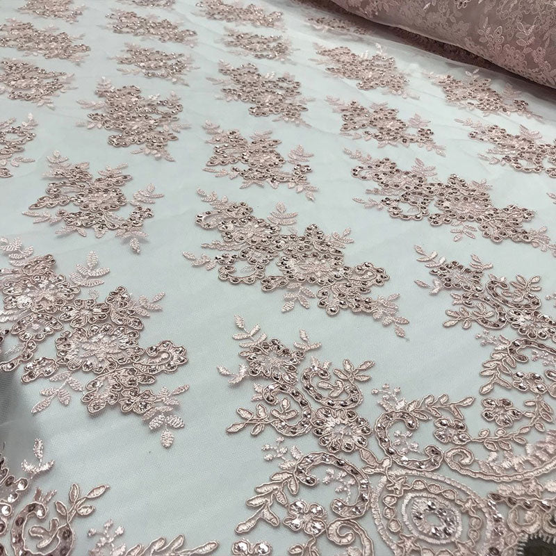Modern Flower Design Metallic Embroidered Cord Prom With Sequins Mesh Lace FabricICE FABRICSICE FABRICSDusty RoseModern Flower Design Metallic Embroidered Cord Prom With Sequins Mesh Lace Fabric ICE FABRICS