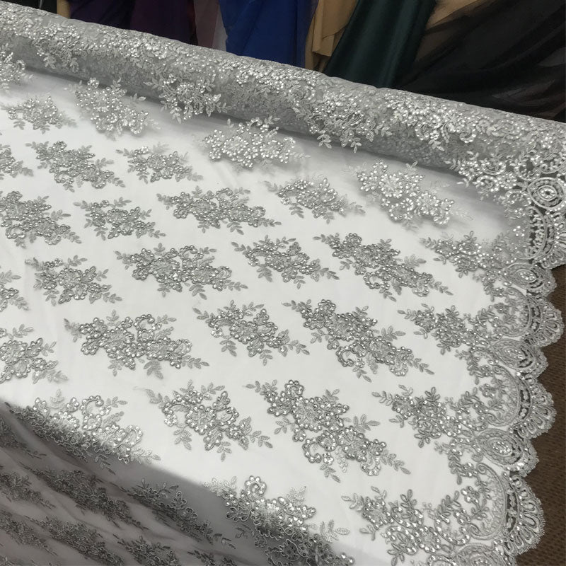 Modern Flower Design Metallic Embroidered Cord Prom With Sequins Mesh Lace FabricICE FABRICSICE FABRICSSilverModern Flower Design Metallic Embroidered Cord Prom With Sequins Mesh Lace Fabric ICE FABRICS