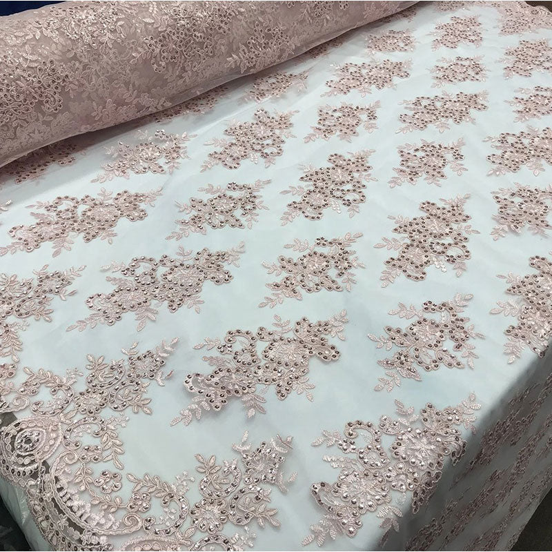 Modern Flower Design Metallic Embroidered Cord Prom With Sequins Mesh Lace FabricICE FABRICSICE FABRICSDusty RoseModern Flower Design Metallic Embroidered Cord Prom With Sequins Mesh Lace Fabric ICE FABRICS