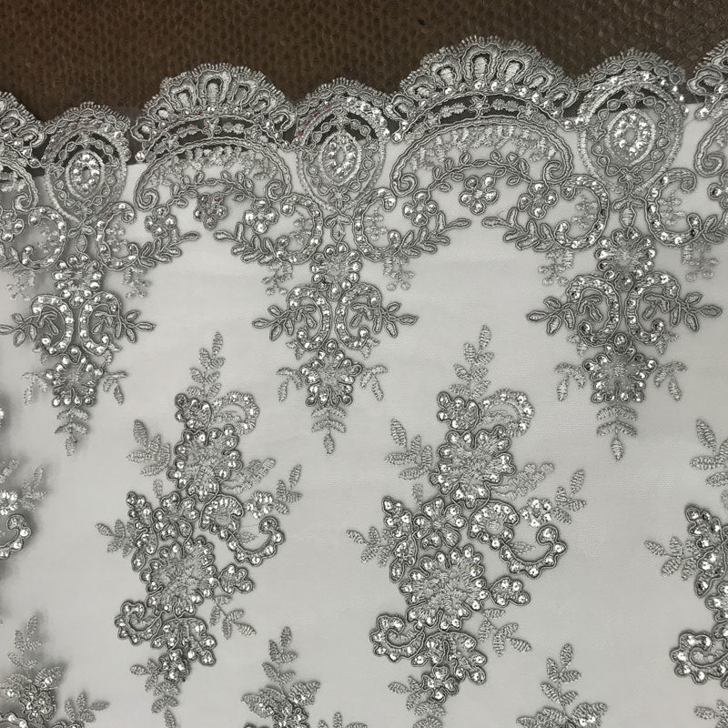 Modern Flower Design Metallic Embroidered Cord Prom With Sequins Mesh Lace FabricICE FABRICSICE FABRICSSilverModern Flower Design Metallic Embroidered Cord Prom With Sequins Mesh Lace Fabric ICE FABRICS