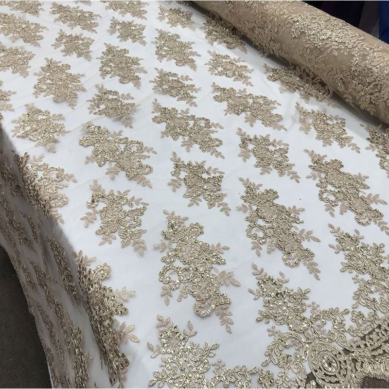 Modern Flower Design Metallic Embroidered Cord Prom With Sequins Mesh Lace FabricICE FABRICSICE FABRICSChampagneModern Flower Design Metallic Embroidered Cord Prom With Sequins Mesh Lace Fabric ICE FABRICS