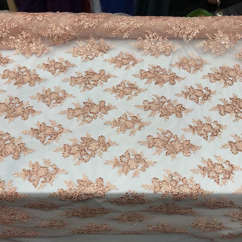 Modern Flower Design Metallic Embroidered Cord Prom With Sequins Mesh Lace FabricICE FABRICSICE FABRICSBlushModern Flower Design Metallic Embroidered Cord Prom With Sequins Mesh Lace Fabric ICE FABRICS