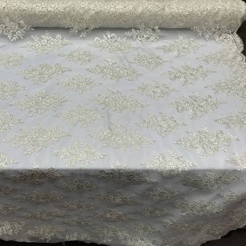 Modern Flower Design Metallic Embroidered Cord Prom With Sequins Mesh Lace FabricICE FABRICSICE FABRICSOff WhiteModern Flower Design Metallic Embroidered Cord Prom With Sequins Mesh Lace Fabric ICE FABRICS