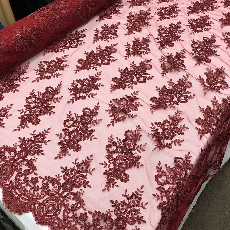 Modern Flower Design Metallic Embroidered Cord Prom With Sequins Mesh Lace FabricICE FABRICSICE FABRICSBurgundyModern Flower Design Metallic Embroidered Cord Prom With Sequins Mesh Lace Fabric ICE FABRICS