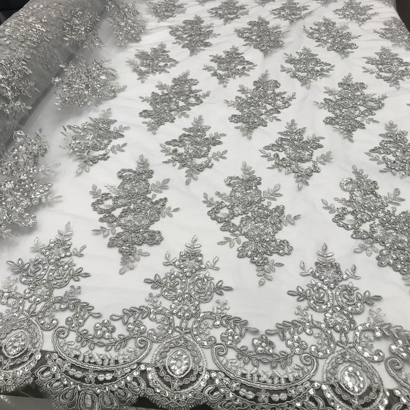 Modern Flower Design Metallic Embroidered Cord Prom With Sequins Mesh Lace FabricICE FABRICSICE FABRICSSilverModern Flower Design Metallic Embroidered Cord Prom With Sequins Mesh Lace Fabric ICE FABRICS