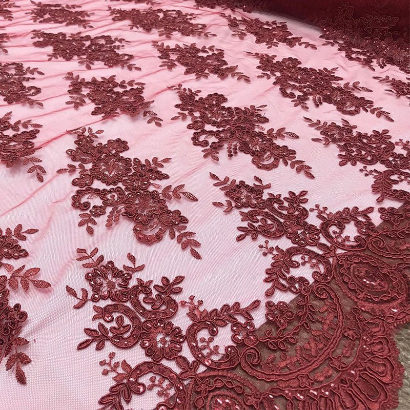 Modern Flower Design Metallic Embroidered Cord Prom With Sequins Mesh Lace FabricICE FABRICSICE FABRICSBurgundyModern Flower Design Metallic Embroidered Cord Prom With Sequins Mesh Lace Fabric ICE FABRICS