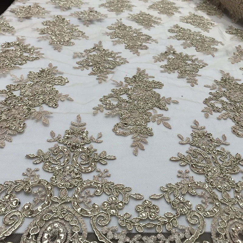 Modern Flower Design Metallic Embroidered Cord Prom With Sequins Mesh Lace FabricICE FABRICSICE FABRICSChampagneModern Flower Design Metallic Embroidered Cord Prom With Sequins Mesh Lace Fabric ICE FABRICS