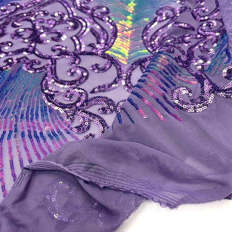 Modern Iridescent Embroidery Stretch Sequin Fabric Lavender