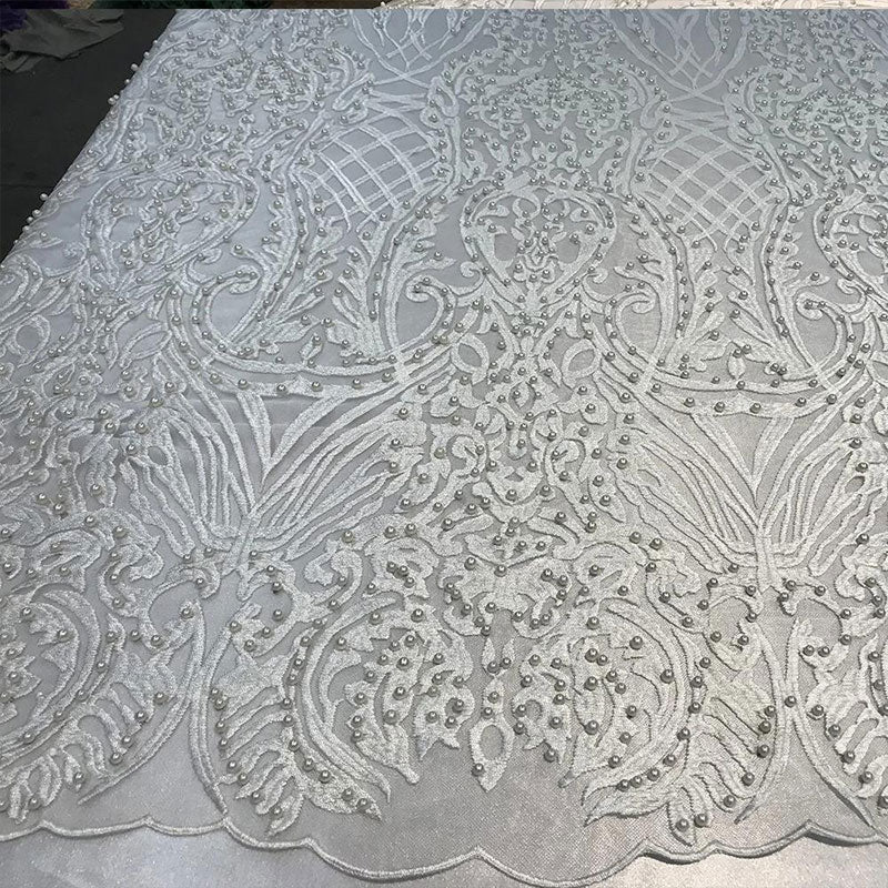 Multi-Color Design Embroidered Beaded Lace FabricICE FABRICSICE FABRICSWhiteMulti-Color Design Embroidered Beaded Lace Fabric ICE FABRICS