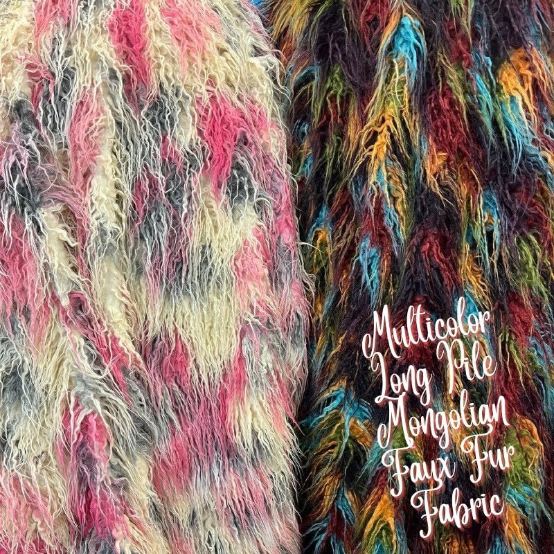 Multicolor Long Pile Mongolian Faux Fur Fabric by the yard