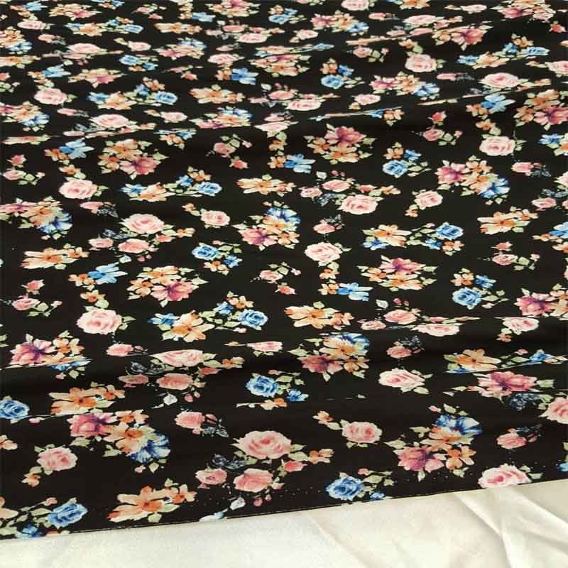 Multicolor Rayon Challis Pink Blue Blush Small Floral Flowers On Black Background FabricChallis FabricICEFABRICICE FABRICSMulticolor Rayon Challis Pink Blue Blush Small Floral Flowers On Black Background Fabric ICEFABRIC