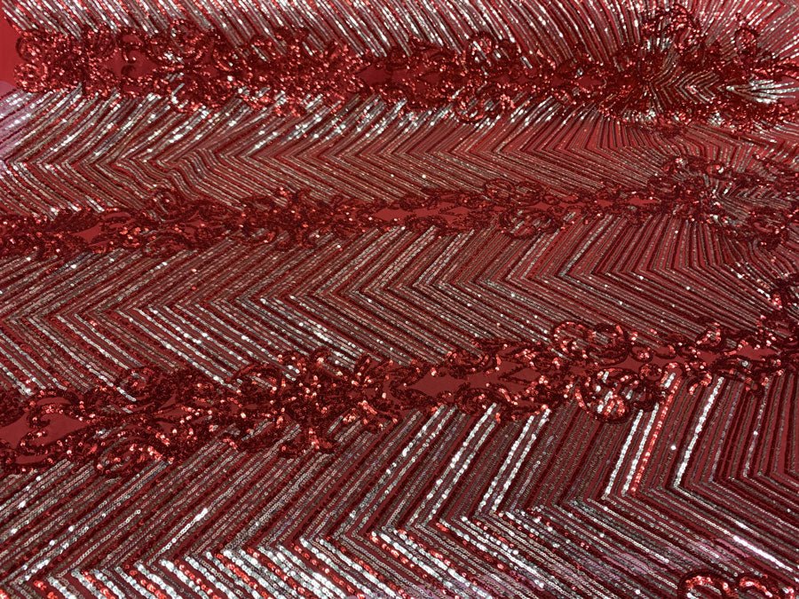 Nadia 4 Way Stretch Sequin Spandex Embroidered Fabric Sold By The YardICE FABRICSICE FABRICSRed Gold On Red Mesh1 YardNadia 4 Way Stretch Sequin Spandex Embroidered Fabric Sold By The Yard ICE FABRICS