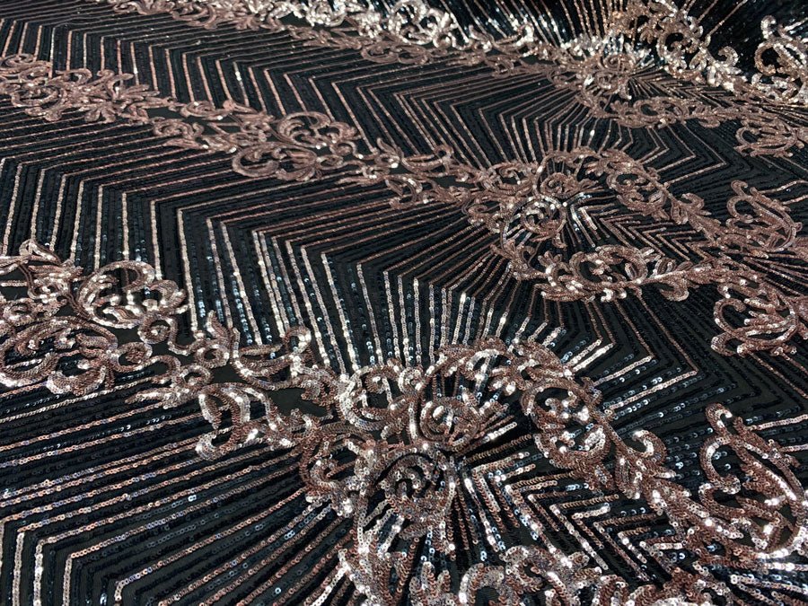 Nadia 4 Way Stretch Sequin Spandex Embroidered Fabric Sold By The YardICE FABRICSICE FABRICSRose Gold on Black Mesh1 YardNadia 4 Way Stretch Sequin Spandex Embroidered Fabric Sold By The Yard ICE FABRICS