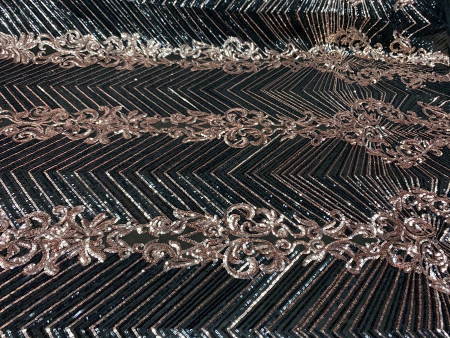 Nadia 4 Way Stretch Sequin Spandex Embroidered Fabric Sold By The YardICE FABRICSICE FABRICSRose Gold on Black Mesh1 YardNadia 4 Way Stretch Sequin Spandex Embroidered Fabric Sold By The Yard ICE FABRICS