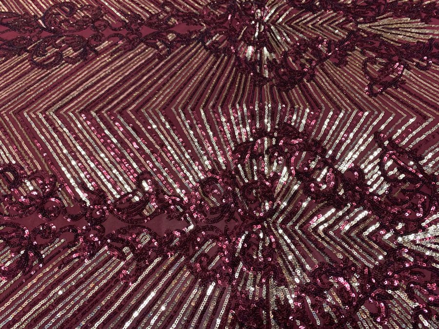 Nadia 4 Way Stretch Sequin Spandex Embroidered Fabric Sold By The YardICE FABRICSICE FABRICSBurgundy Gold On Burgundy Mesh1 YardNadia 4 Way Stretch Sequin Spandex Embroidered Fabric Sold By The Yard ICE FABRICS