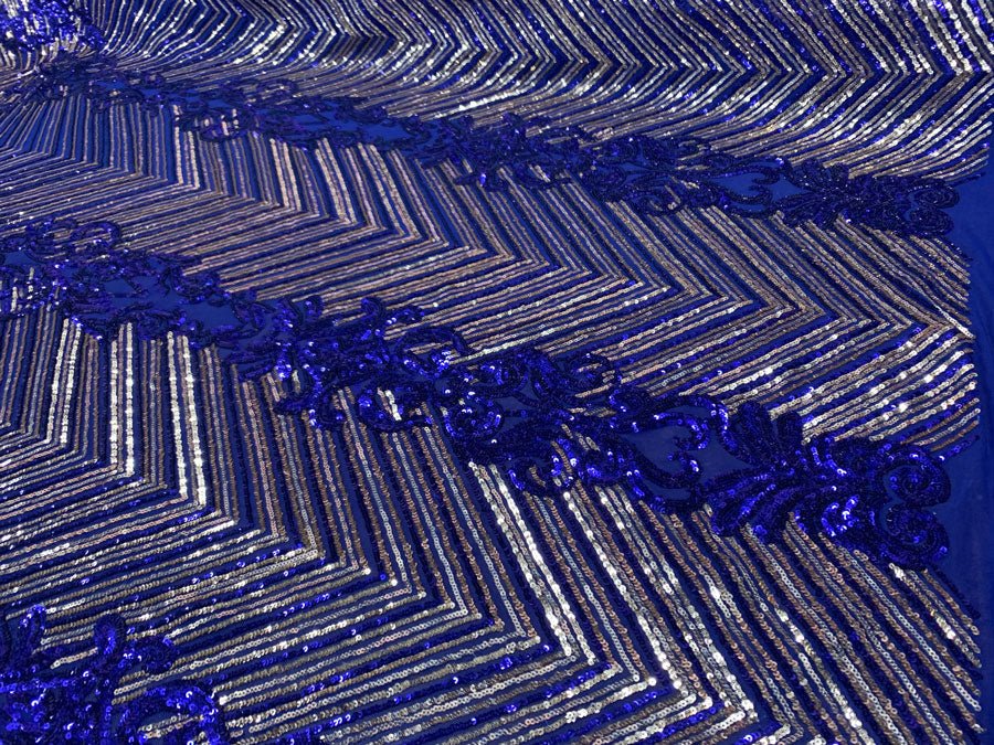 Nadia 4 Way Stretch Sequin Spandex Embroidered Fabric Sold By The YardICE FABRICSICE FABRICSRoyal Blue Gold On Blue Mesh1 YardNadia 4 Way Stretch Sequin Spandex Embroidered Fabric Sold By The Yard ICE FABRICS
