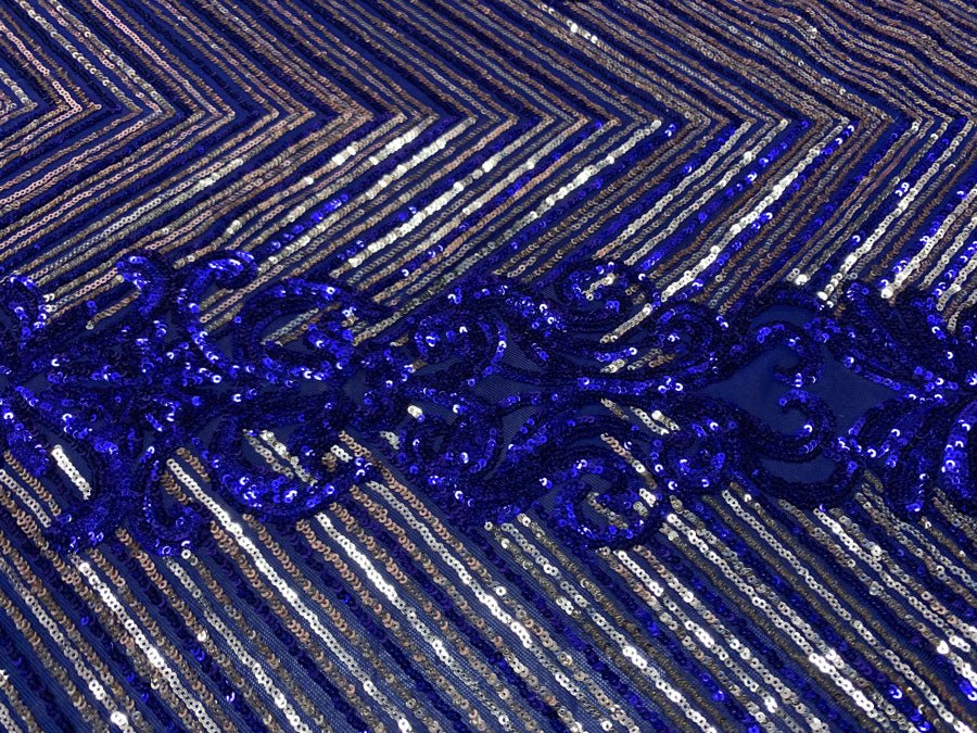 Nadia 4 Way Stretch Sequin Spandex Embroidered Fabric Sold By The YardICE FABRICSICE FABRICSRoyal Blue Gold On Blue Mesh1 YardNadia 4 Way Stretch Sequin Spandex Embroidered Fabric Sold By The Yard ICE FABRICS