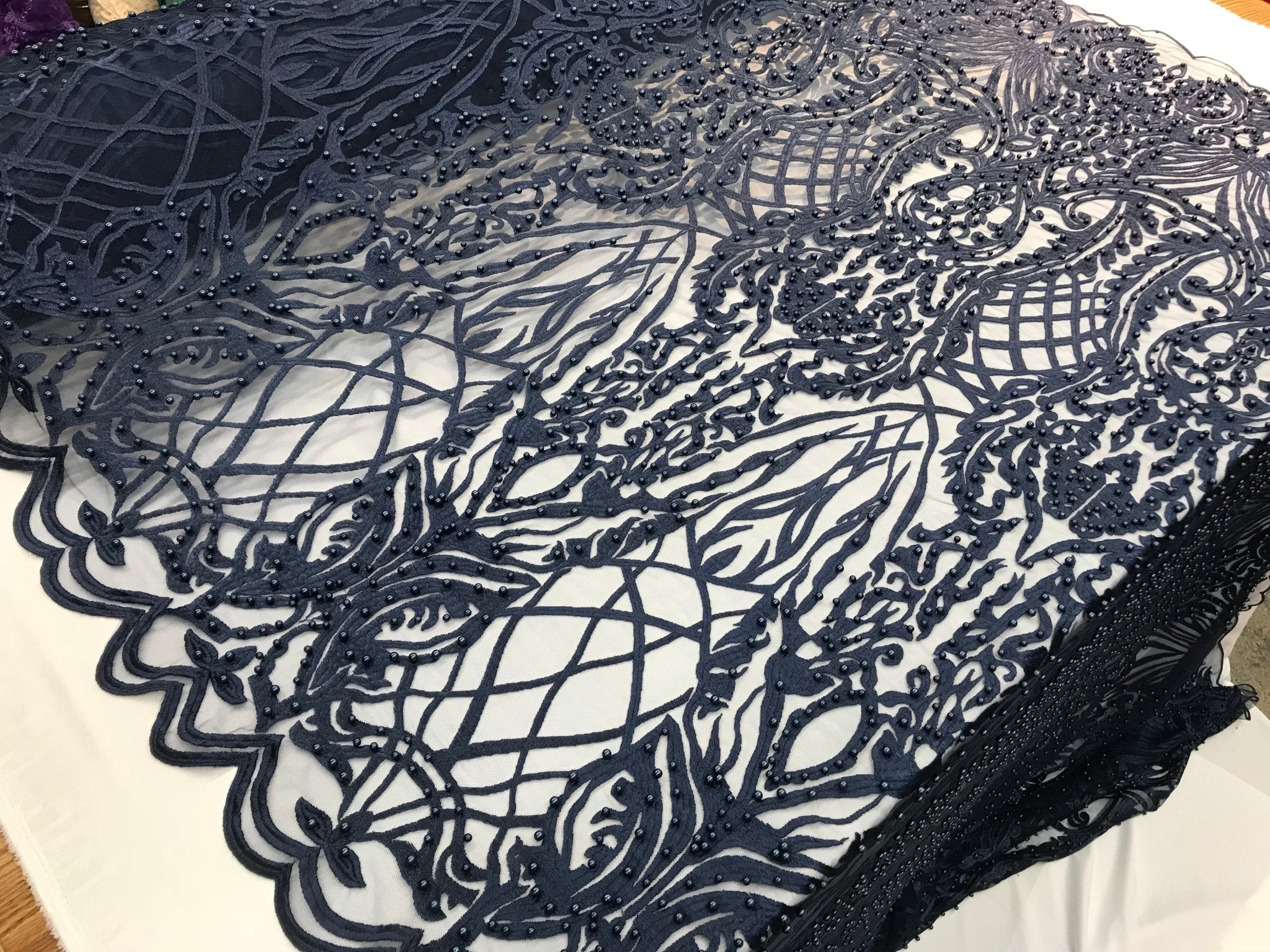 Navy Blue Design Beaded Fabric,Lace Fabric By The YardICE FABRICSICE FABRICSNavy Blue Design Beaded Fabric,Lace Fabric By The Yard ICE FABRICS